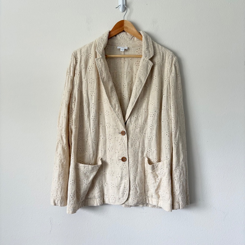 J. Jill Large Linen Blend Eyelet Floral Blazer Jacket‎ Beige Tan Cottagecore